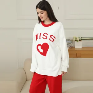 Women Plush Pajama Set Long Sleeve Warm Loungewear Heart Print Casual Sleepwear
