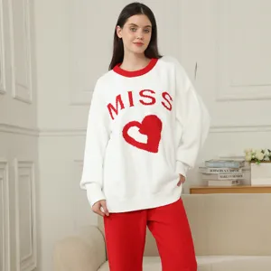 Cozy fuzzy loungewear set with Miss letter and heart motif for women winter main view display.