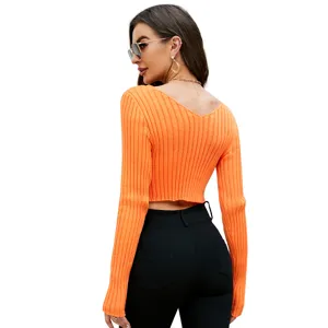 Orange ribbed long sleeve crop top, slim fit knitted cardigan, sexy summer sun protection top.