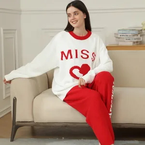 Women winter cozy fleece sleepwear set long sleeve letter print top and warm pants home wear