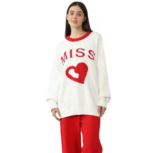 Women winter cozy knit loungewear set with cute heart and text graphic long sleeve top pants.