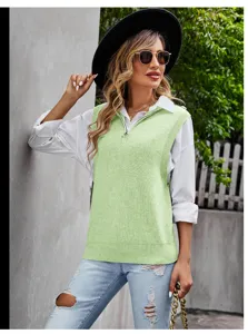 Chaleco de jersey de punto verde para mujer media cremallera sin mangas top moda