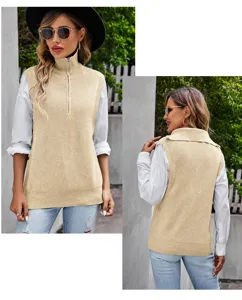 Mujer casual media cremallera jersey chaleco de punto sin mangas top capas moda.