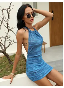 Women blue knit halter backless mini dress close up detail view sexy slim fit apparel