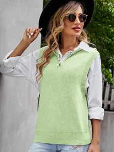 Mujer chaleco de punto verde claro cuello V sin mangas pullover top moda primavera ropa casual