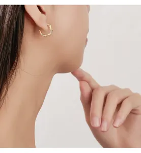 Gros plan détail de boucles d'oreilles créoles bambou brossé minimalistes portées.