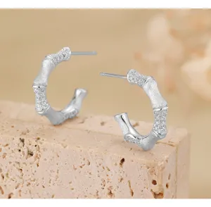 Créoles boucles d'oreilles bambou en argent sterling 925 brossé et texturé élégant.