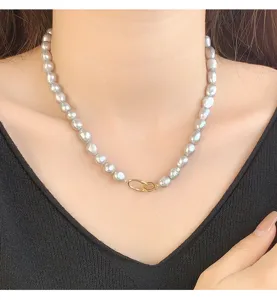 Grey baroque pearl necklace with double ring gold clasp vintage style collarbone chain