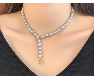 Grey baroque pearl Y-shaped necklace with gold rings, vintage french style choker for women.