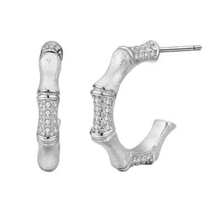 Boucles d'oreilles créoles bambou argent 925 brossé, design vintage chic pour femme.