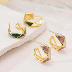 Pendientes de Aro de Esmalte Plateado Vintage Francés Forma de C Irregular Pendientes de Botón Geométricos Con Poste de Plata de Ley 925 para Mujer Joyería