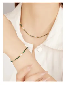 Natural malachite pearl beaded necklace and bracelet set, French retro style jewelry detail.