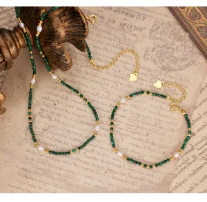 Vintage malachite pearl beaded necklace and bracelet set, elegant French style jewelry for women.