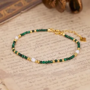 925 Sterling Silver Natural Malachite Freshwater Pearl Necklace French Vintage Beaded Choker Chain For Women Jewelry
