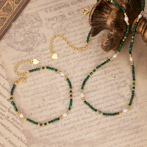 Natural malachite pearl beaded necklace bracelet set vintage gold filled jewelry chic gift
