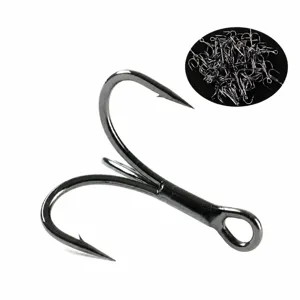 High carbon steel fishing treble hook with barbed design for lure fishing and saltwater use.
