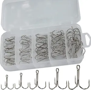 Carbon steel treble fishing hooks set with clear storage box for outdoor lure fishing