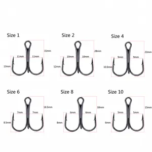 Fishing treble hook size chart detail showing dimensions from size 1 to 10 clearly.