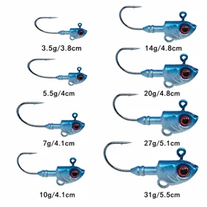 Blue fishing jig head size chart showing weight and length options ranging from 3.5g to 31g.