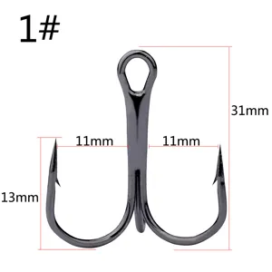 Detailed size view of fishing treble hook, high carbon steel barbed anchor hook for lure fishing.