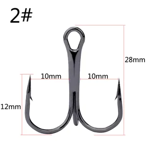 Treble fishing hook detail view, 28mm height and 10mm width carbon steel anchor hook 2#.