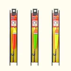 Vertical fishing float line set with hook and bright colorful body for outdoor angling.