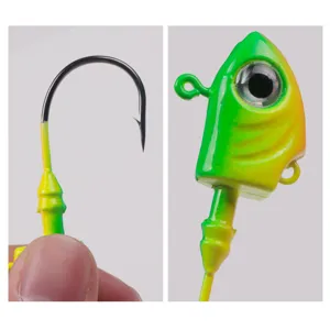 Detailed closeup shot of fishing jig head with bright green and yellow gradient finish.