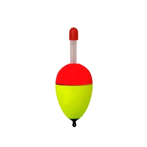 Detail shot of EVA fishing float with red yellow body and glow stick slot for sea angling.