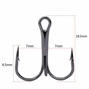 Detail view of 6# high carbon steel treble fishing hook with clear size dimensions.