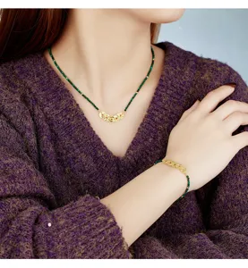 S925 silver malachite five emperor coins necklace bracelet set, elegant Chinese style jewelry.