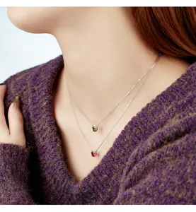 S925 Argent Double Couche Colore Pierre De Naissance Collier Femme Bijou Elegant