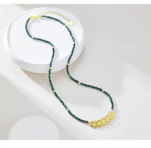 Green malachite beaded necklace with gold-tone ancient coin pendant, chic Chinese style jewelry.