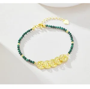S925 silver malachite five emperors coins bracelet chic Chinese style jewelry detail view
