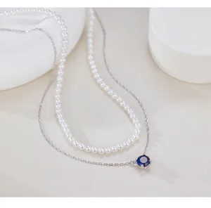 Collier double couche en argent sterling S925 avec perles et pendentif pierre précieuse