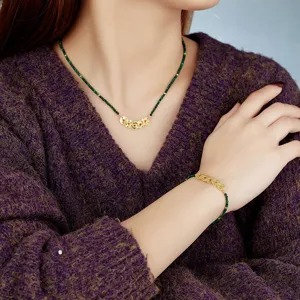 Chinese style malachite green beaded necklace bracelet set with gold ancient coin pendants for women