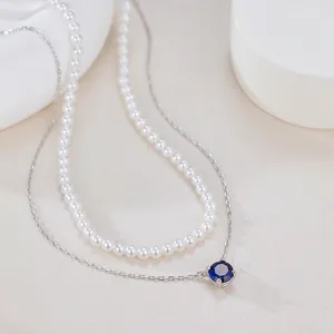Collier double couche en argent sterling 925 perle et pierre de naissance bleue principal