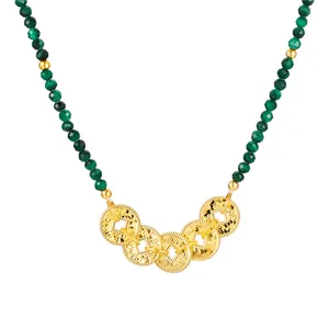Stunning malachite green bead necklace with gold ancient coin pendants for women chic jewelry.