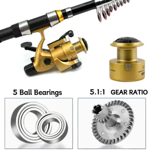 Spinning fishing reel detail showing 5 ball bearings and 5.1:1 gear ratio design.