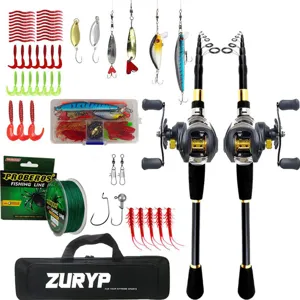 Telescopic fishing rod set with baitcasting reel, lures, line, and carry bag for fishing