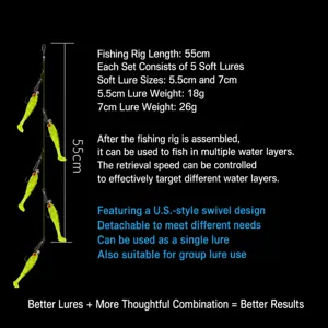 Umbrella rig fishing lure set with 5 soft baits, 55cm length, ideal for saltwater fishing.