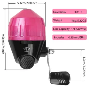 Roze gesloten visreel met overbrenging en compact formaat voor kinderen om te vissen.