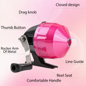 Roze gesloten vismolen detail met metalen slinger, slipknop en lijngeleider voor beginners.