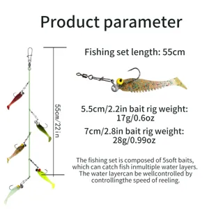 Detailed view of the fishing soft bait umbrella rig set with five artificial lures.