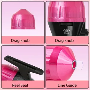 Roze gesloten vismolen gedetailleerd overzicht, spincast ontwerp, soepele slipknop en lijngeleider.
