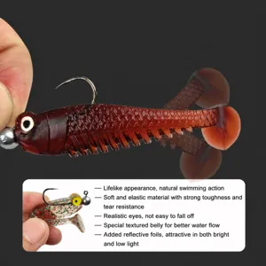 Silicone simulation fishing lure detail shot showing realistic body, flexible tail and shiny eyes.