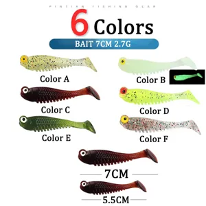 Detailed view of soft fishing lure showing multi-color options and size comparison specifications.