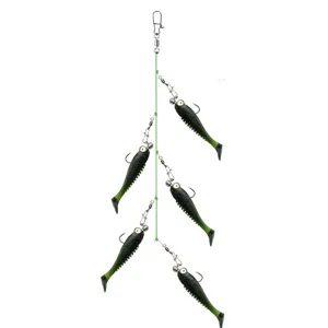 Detailed shot of multi-hook fishing soft bait rig, realistic swimbaits for saltwater fishing.