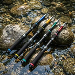 Kids telescopic fishing rod set with colorful lure poles for outdoor angling fun detail view.