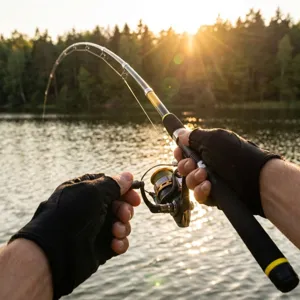 Kids fishing rod set with spinning reel and gloves, outdoor lake sunset detail fishing scene.