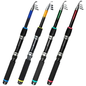 Detailed view of telescopic fishing rod set with colorful grips and metal guide rings.